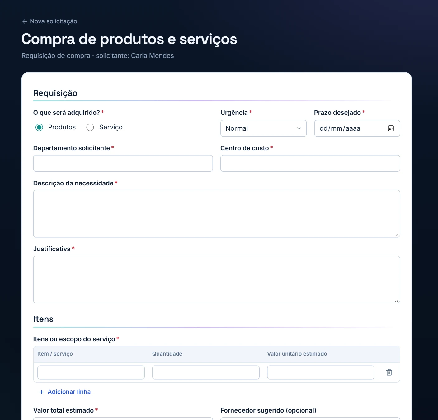 Formulário real de solicitação de compra no portal GoLupa, com seções, campos obrigatórios e tabela de itens